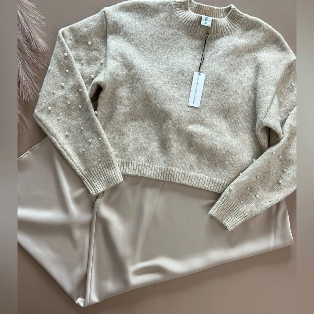 Cupcakes & Cashmere Pearl Sweater Satin Skirt Set Champagne Medium